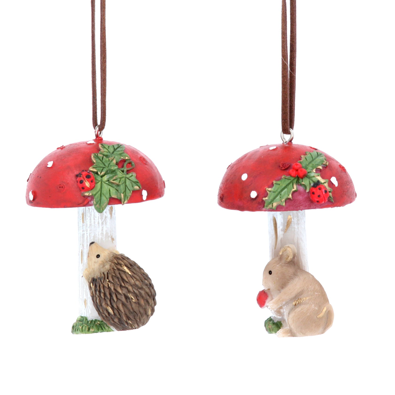 Set of 2 resin Hedgehog and Mouse toadstool hanging Christmas decoration. By Gisela Graham. The perfect festive addition to your home.